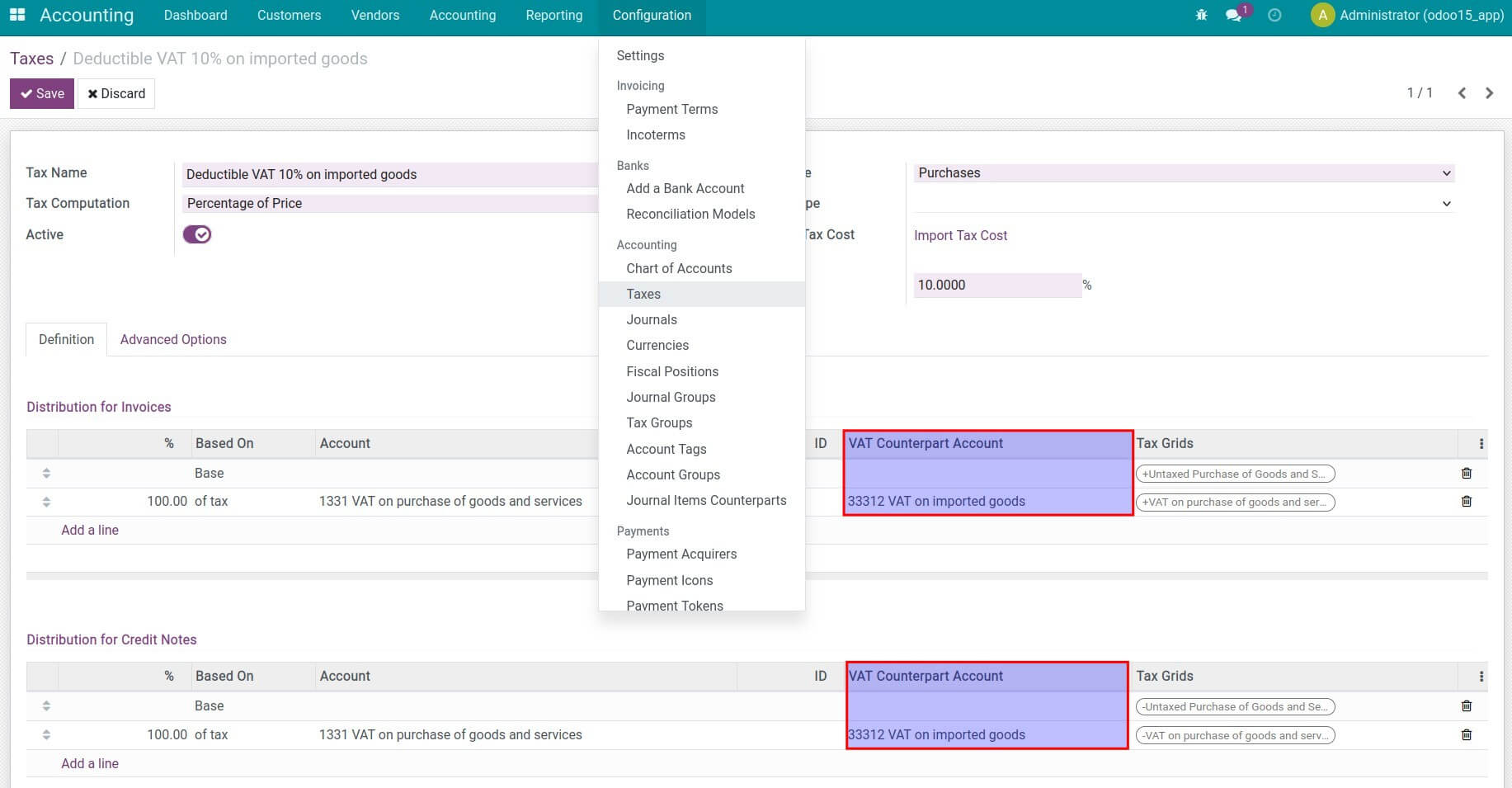 VAT Counterpart Account on tax