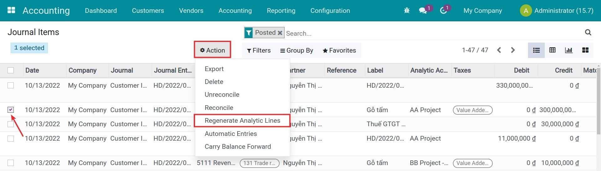 Regenerate analytic lines in Viindoo