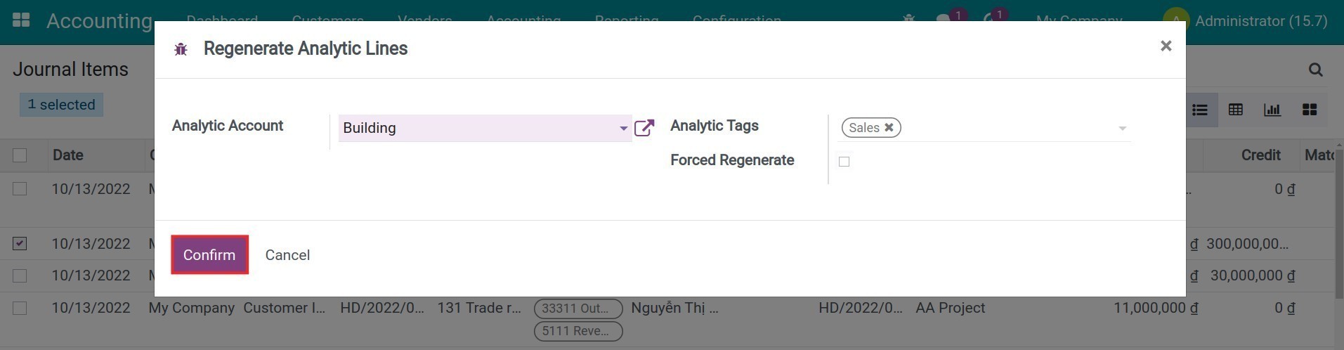 Confirm regenerating analytic lines Viindoo