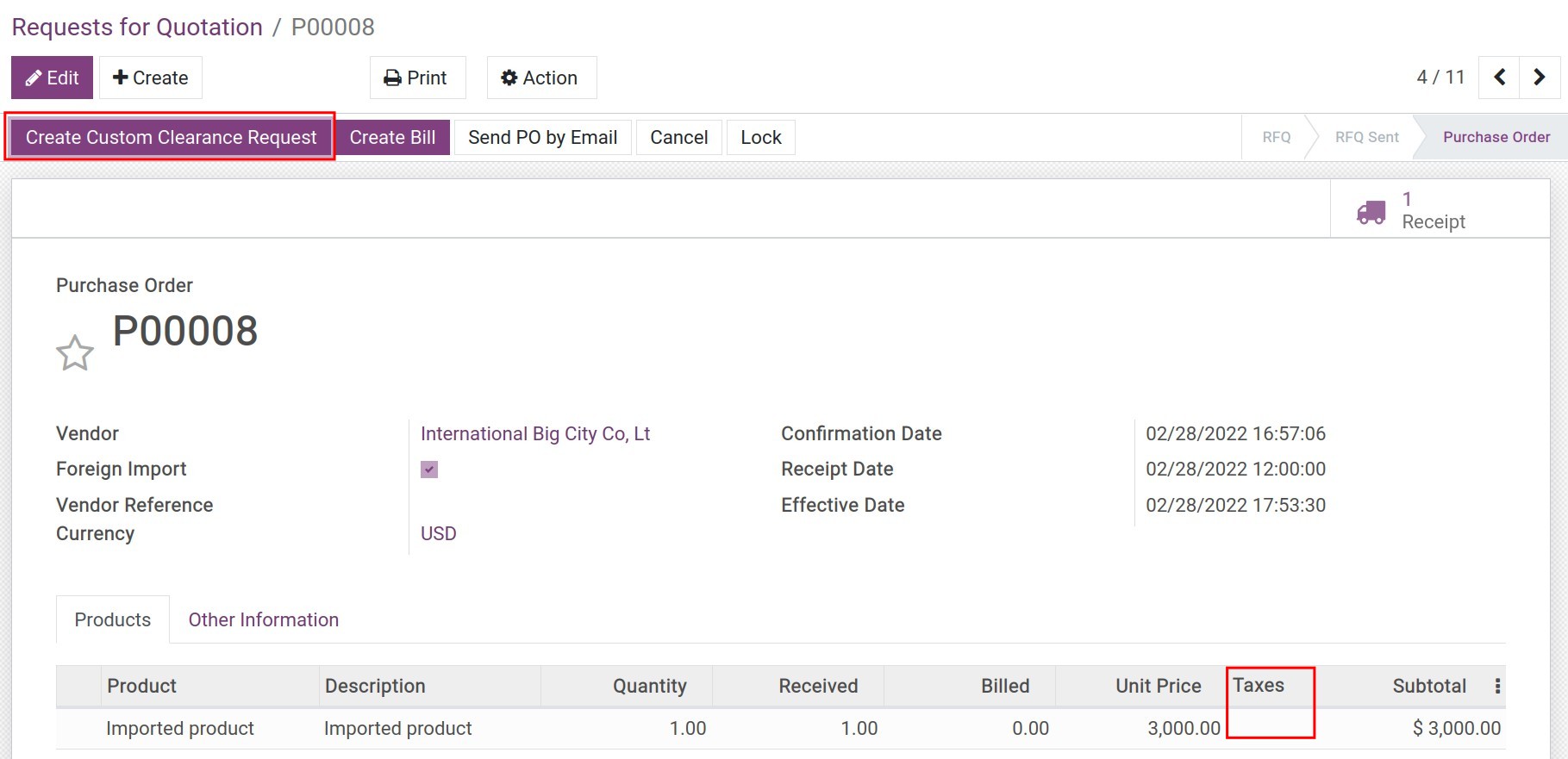 Create Customs Clearance Request