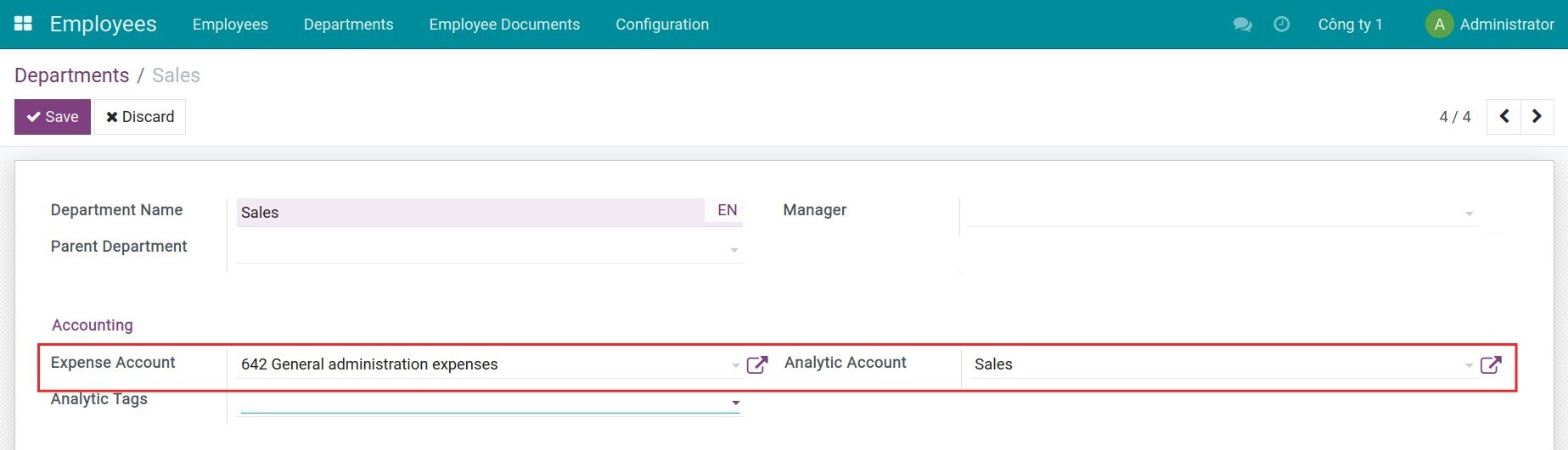 Analytic account by the department