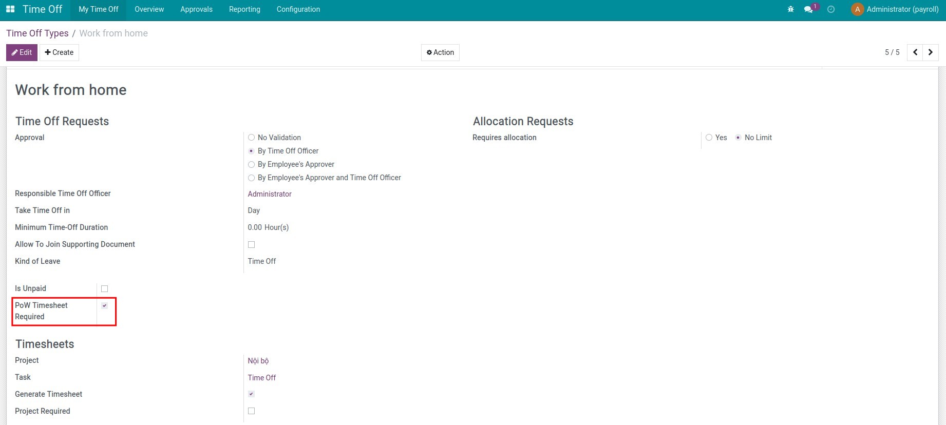 Configure the time-off type required PoW- Viindoo Payroll Software