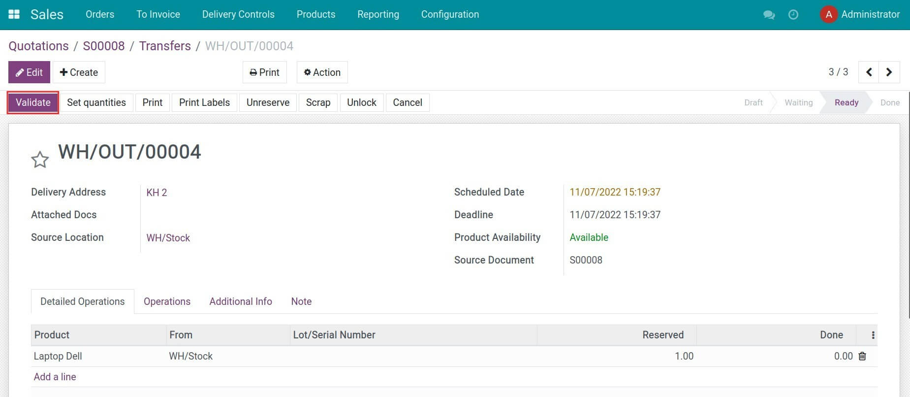 Validate delivery from the main warehouse to a transit location