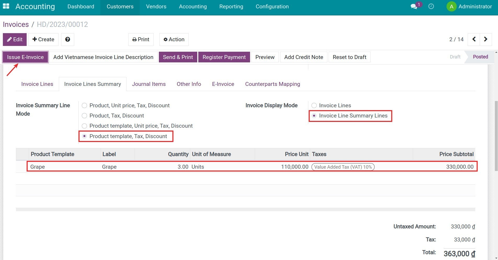 Issuing the E-invoice Viindoo