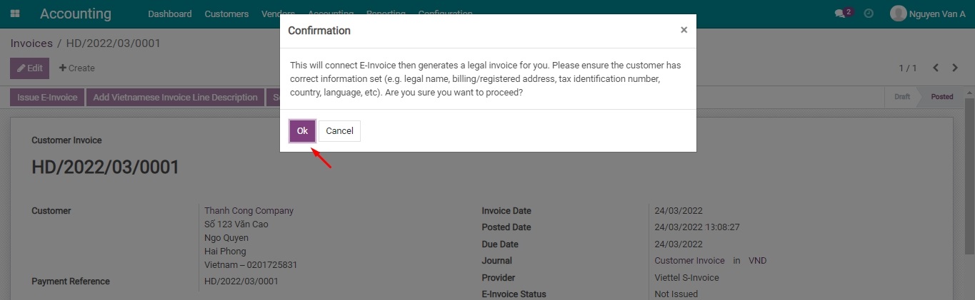 Confirm to issuing the E-invoice