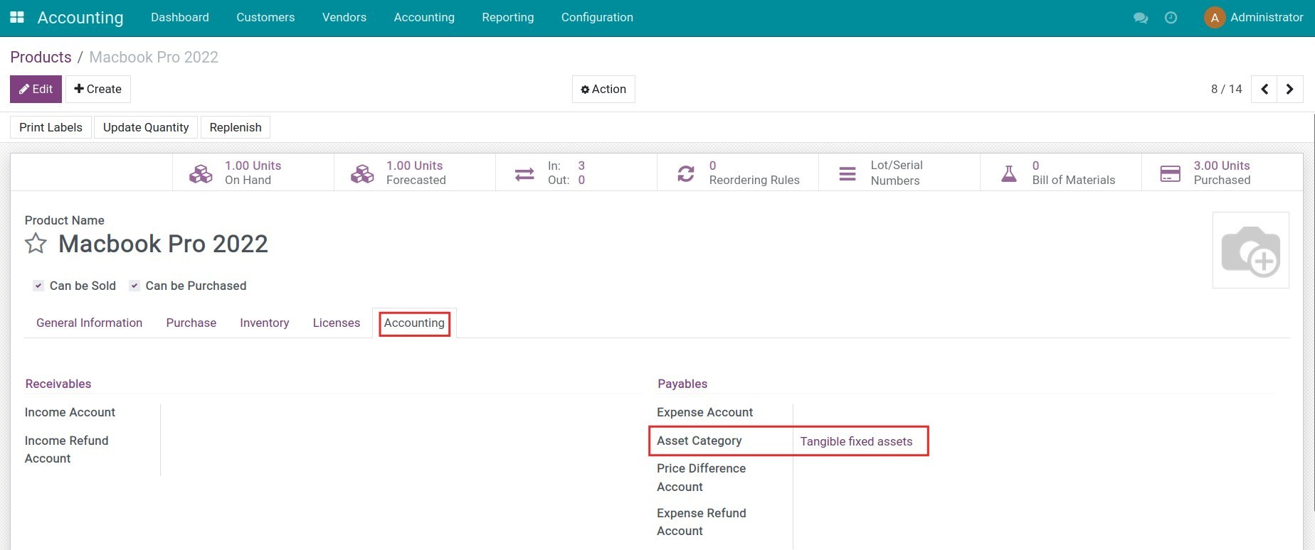 Select asset category for the product