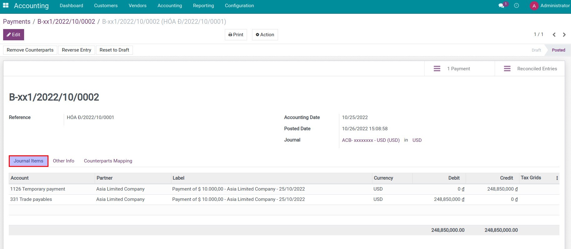 Journal entries of a vendor bill in foreign currency