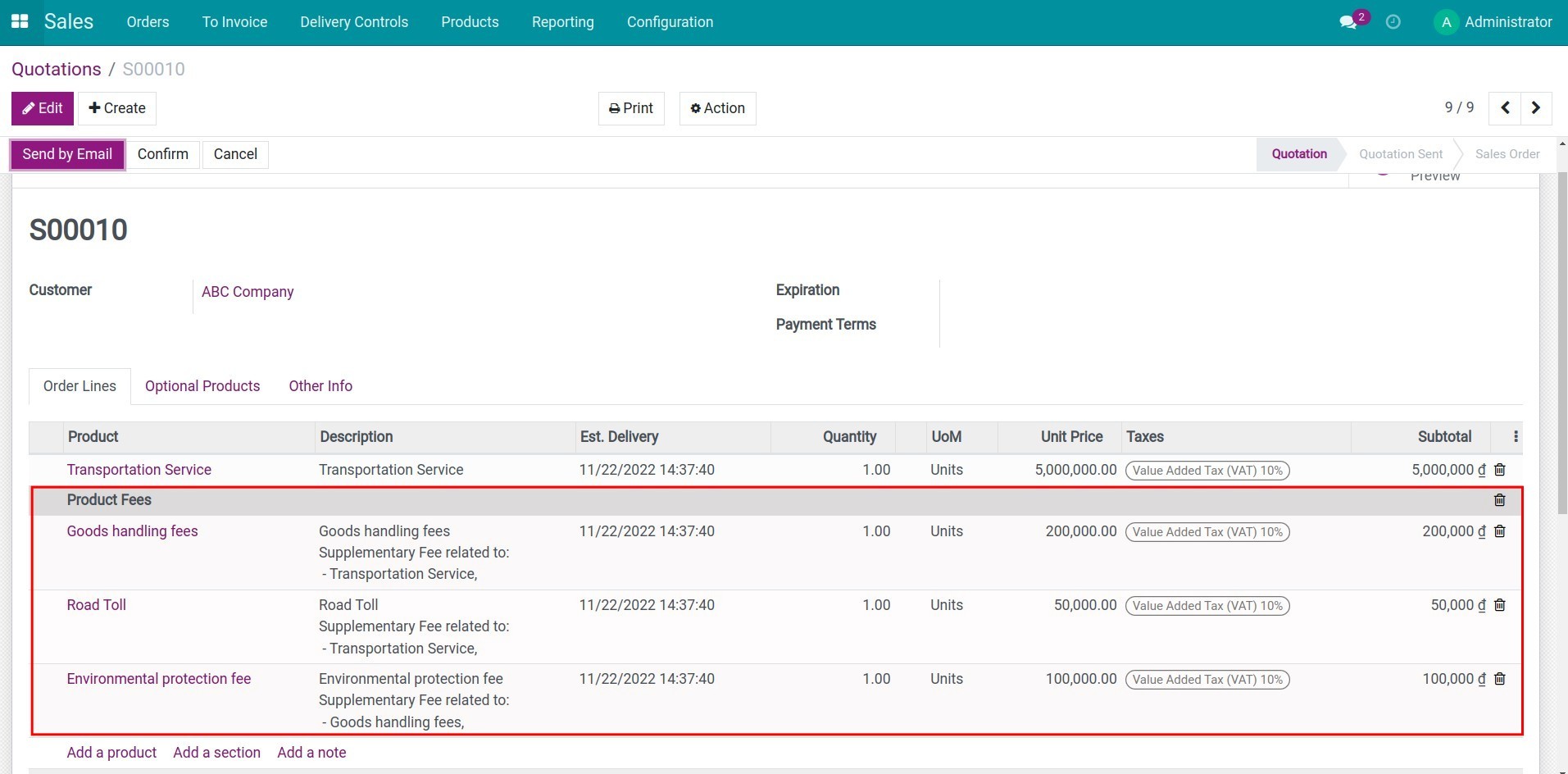 Display the supplementary fees on the quotation