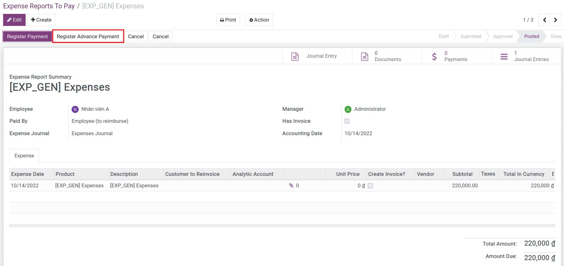 Payment with the employee's advanced amount