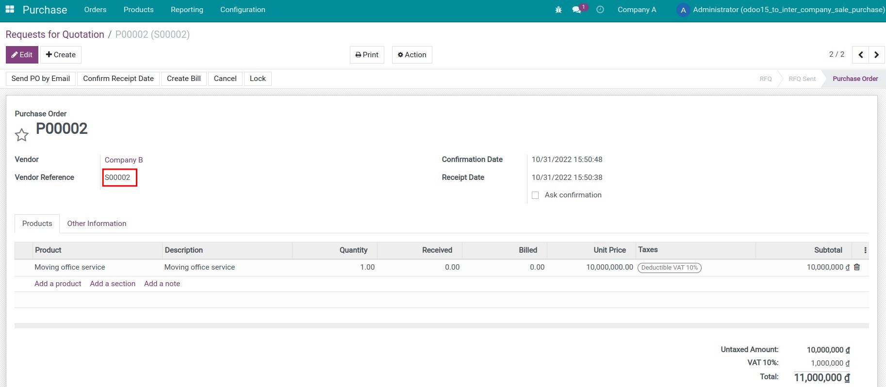 Create a Request for Quotation, then confirm the Purchase Order