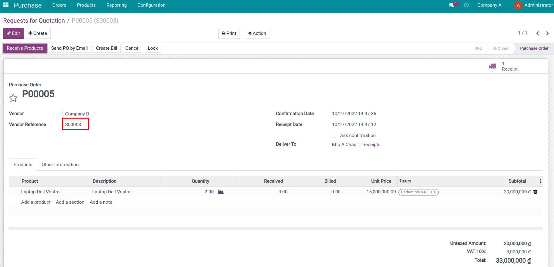 Create a quotation and confirm the purchase order