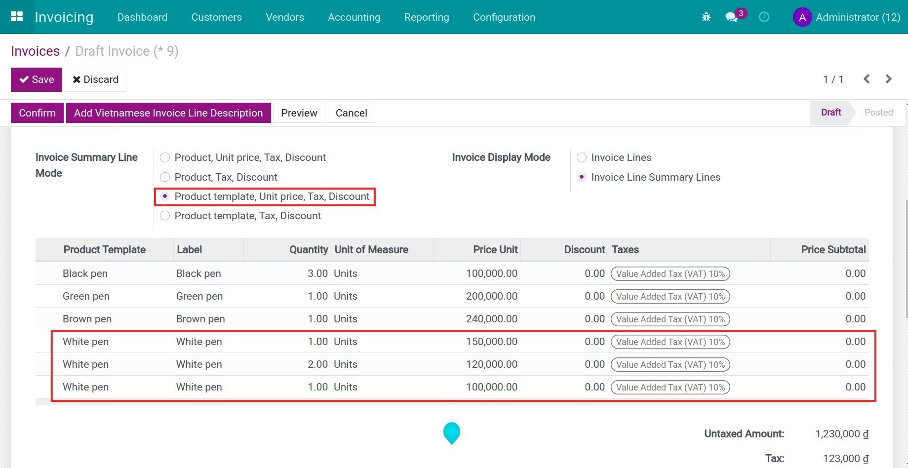 Product template, Unit price, Tax, Discount