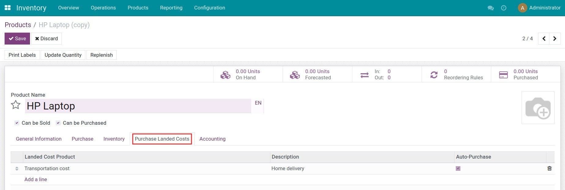 Setup landed cost on a product