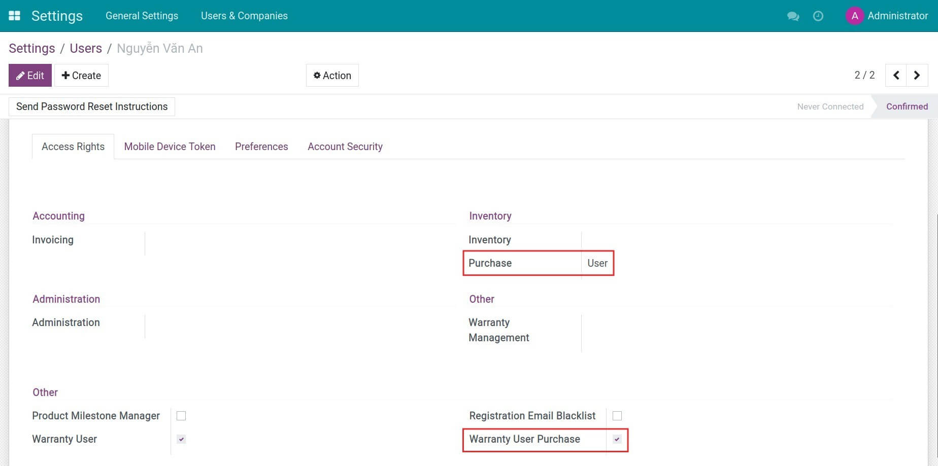 Grant access rights to the user