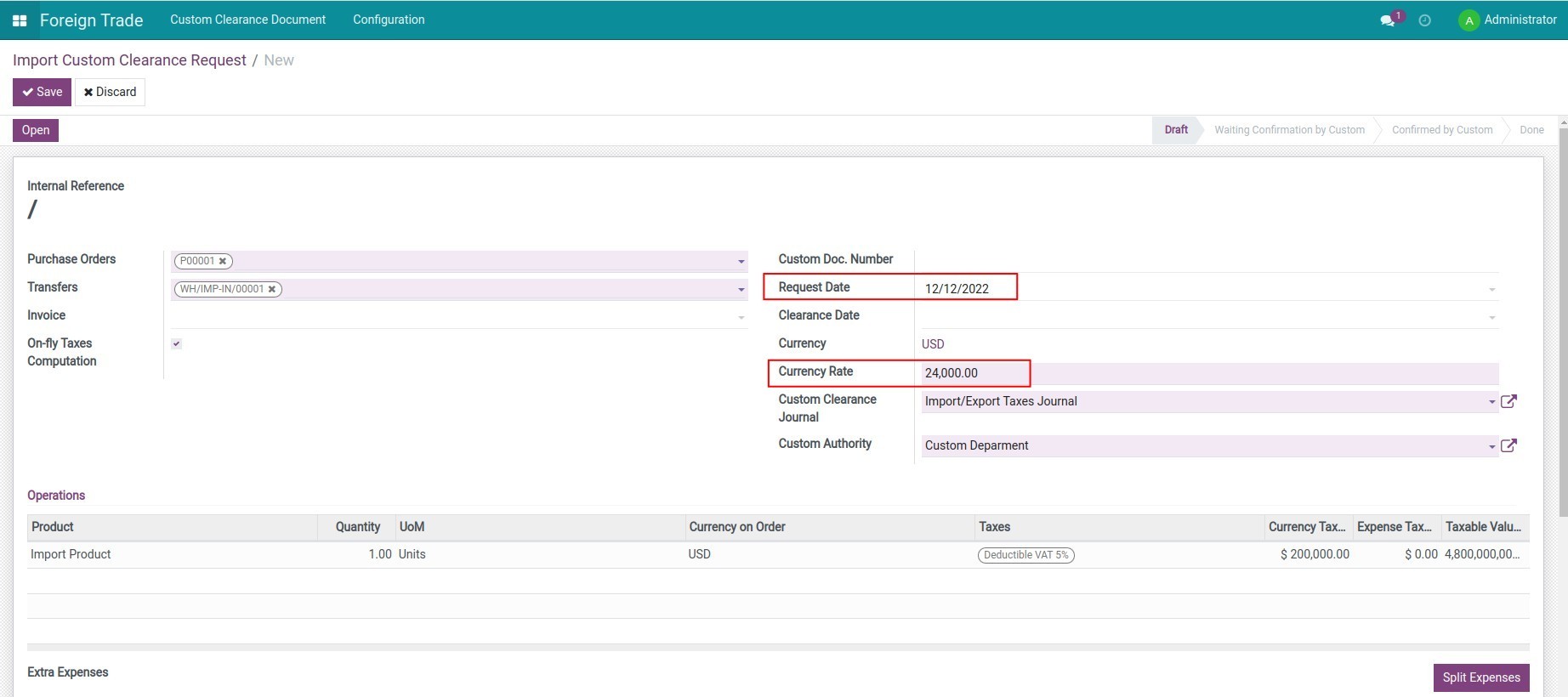 Create the Customs Clearance Request in Viindoo