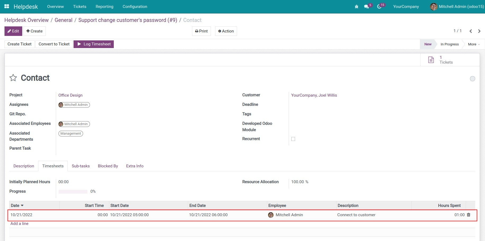 Track the timesheet on the ticket