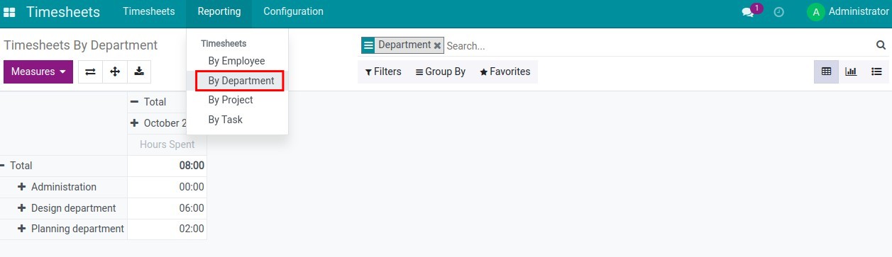 Report by department in the Timesheet app