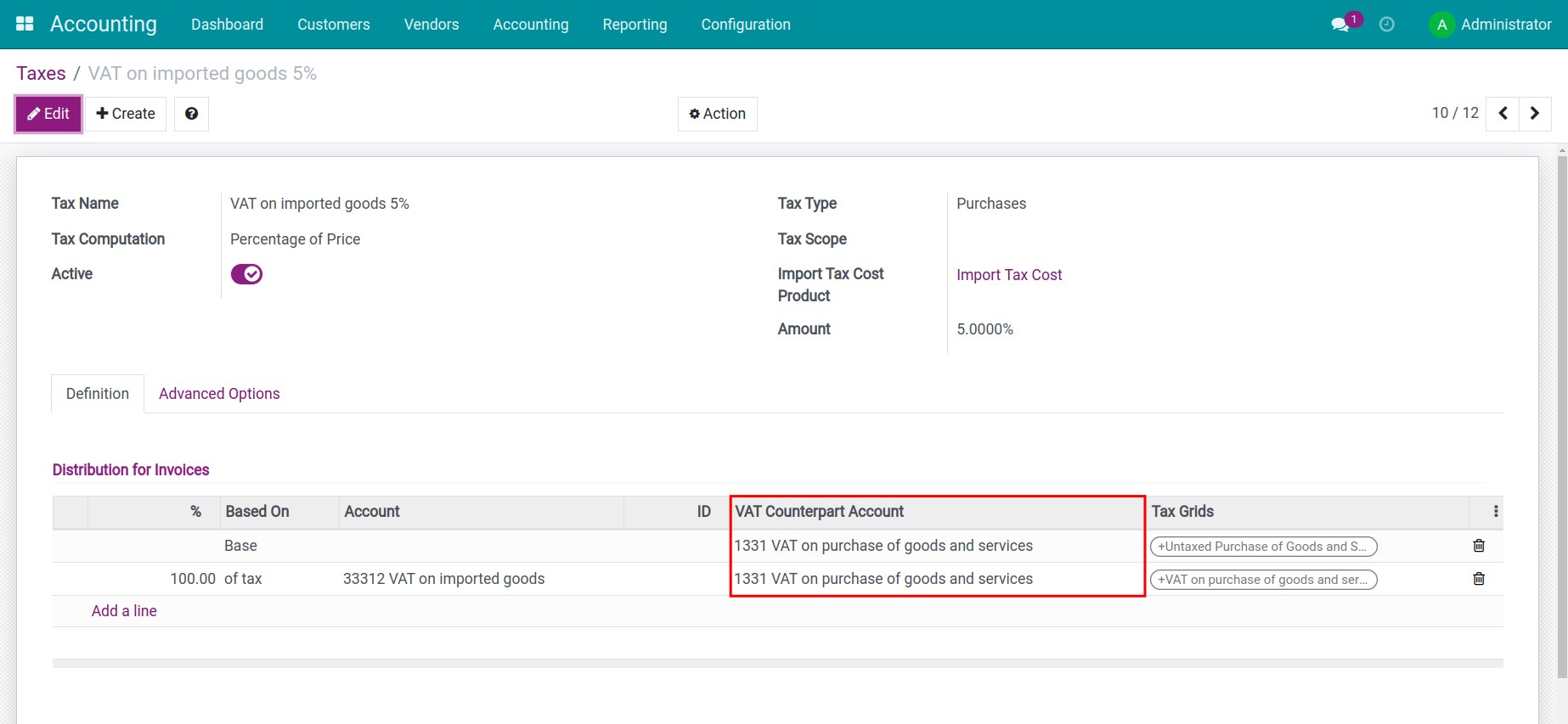 Set up a VAT counterpart account