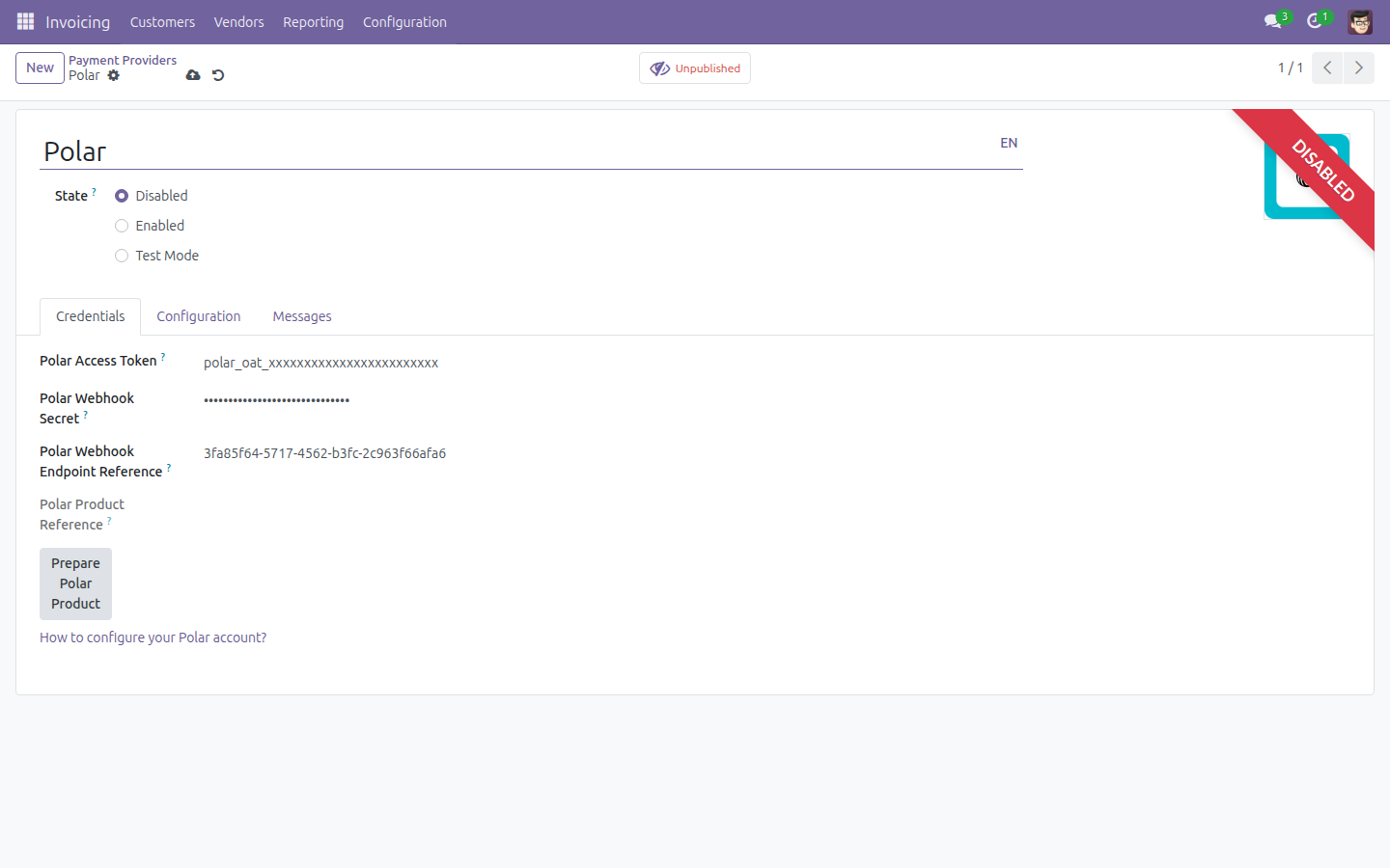 Polar provider Credentials tab, with Access Token, Webhook Secret and Prepare Polar Product
