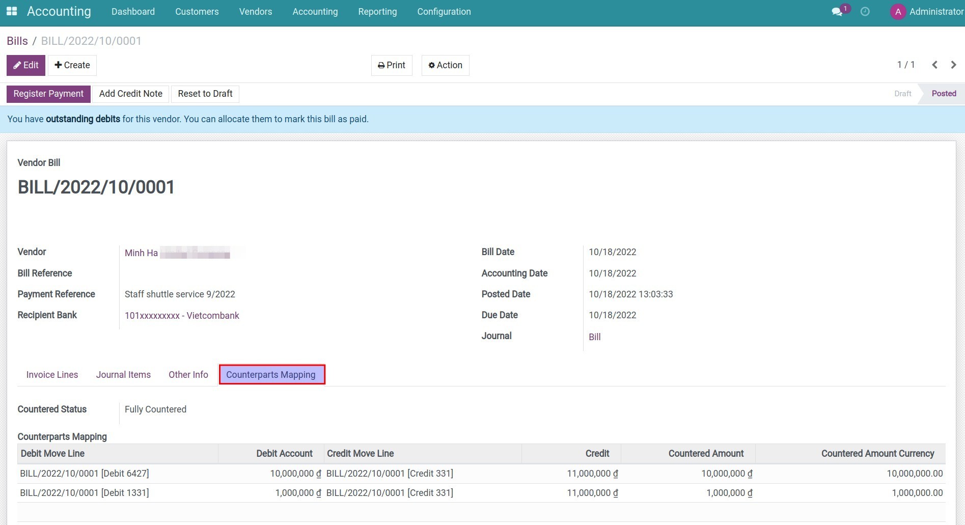 Check the accounting information in Counterparts Mapping tab