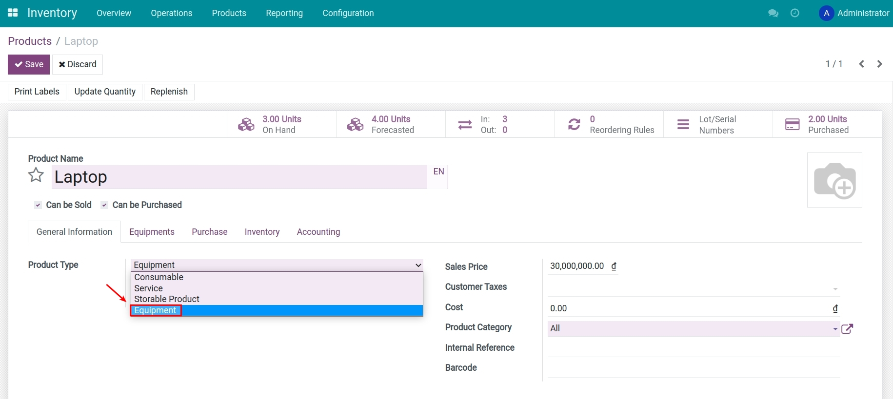 Configure an equipment-typed product Viindoo