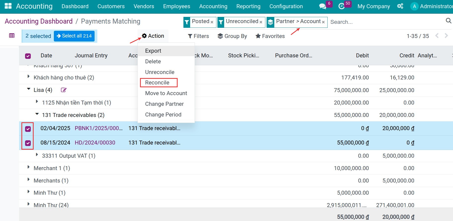 Reconciliation between customer's invoices and their payments.