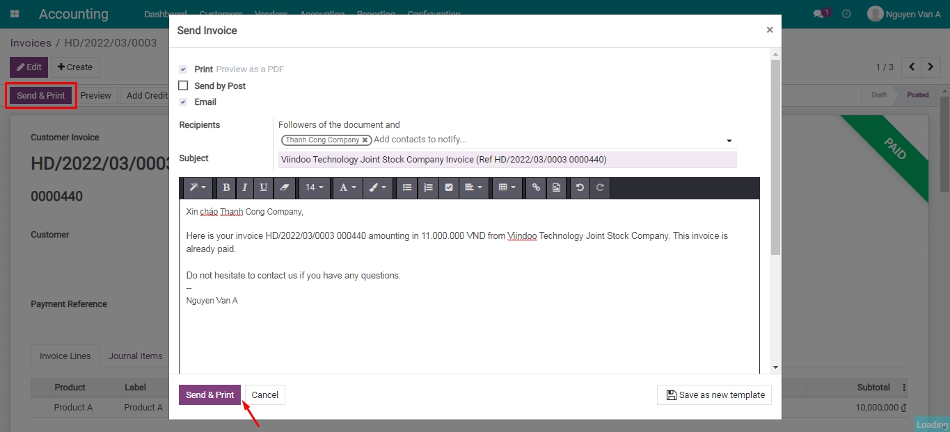 Send the e-invoice to the customer