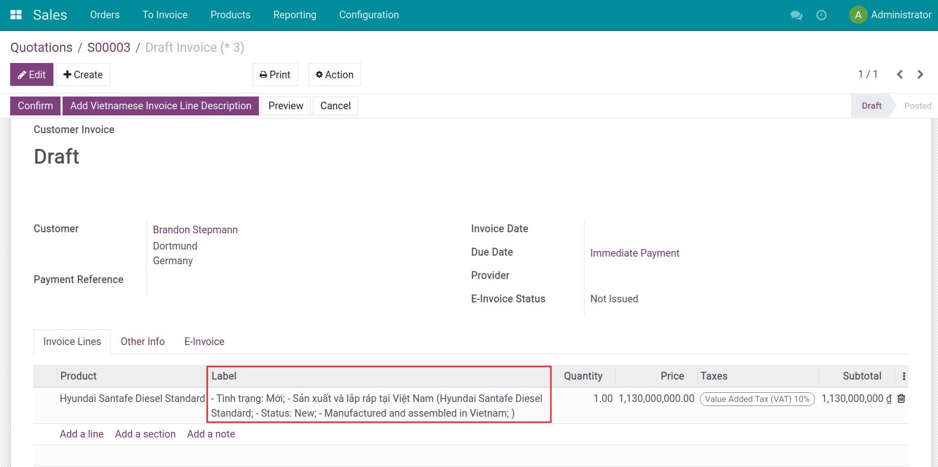 Invoice line with the dual-language description