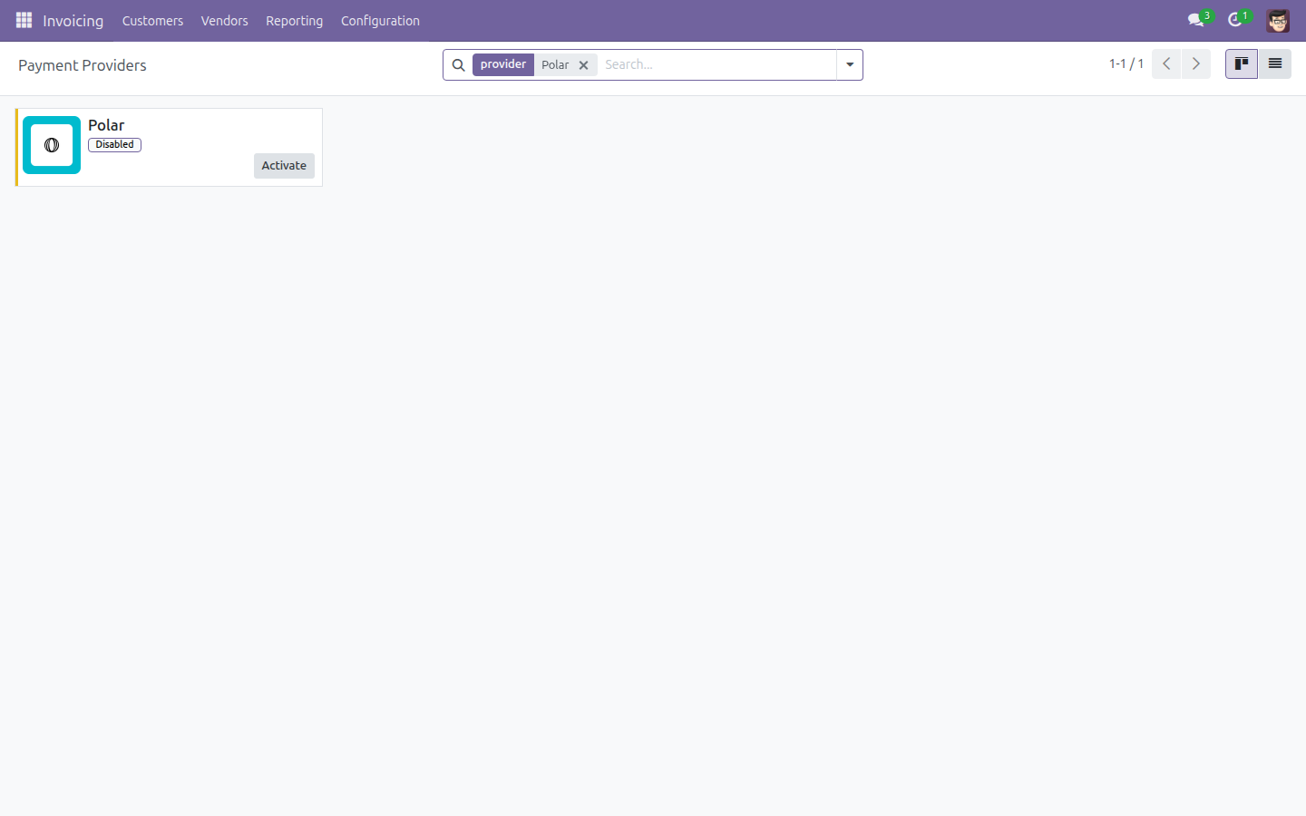 Polar listed among the Payment Providers, in its default Disabled state