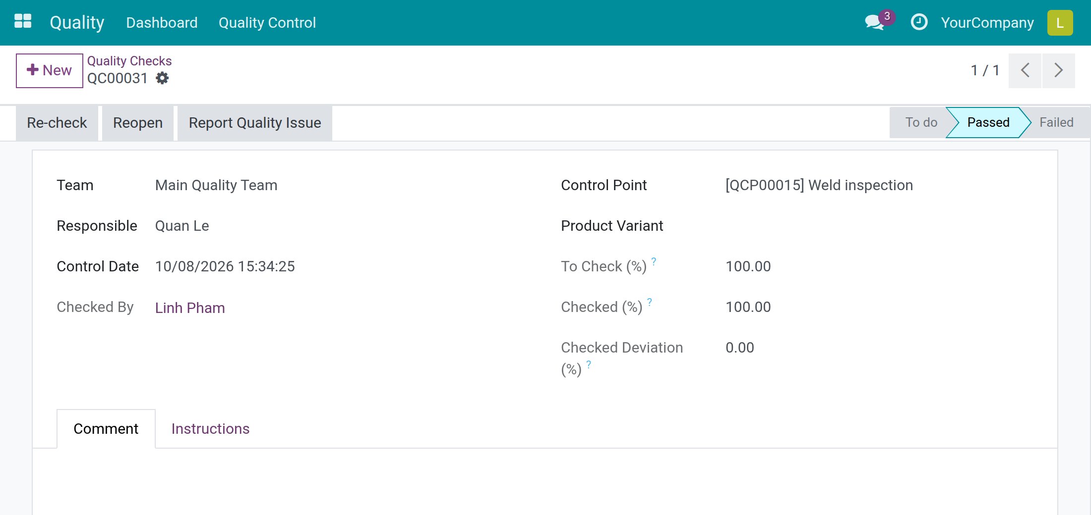 A check passed by a Quality User: Checked By differs from Responsible