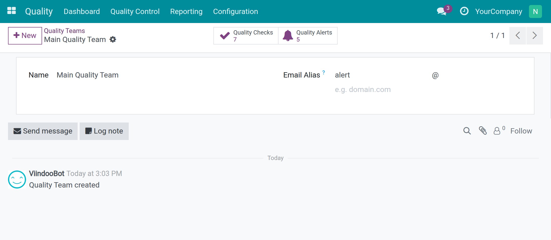A quality team with its Name, Email Alias and the Quality Checks and Quality Alerts buttons