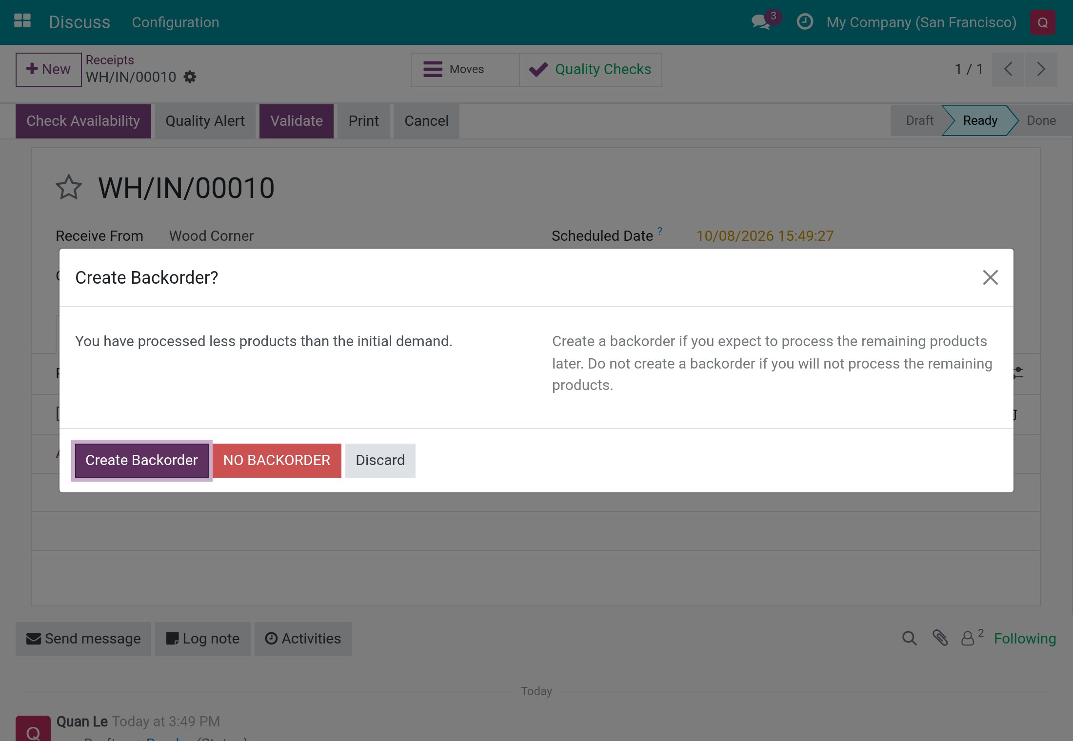 The Create Backorder window after a partial receipt