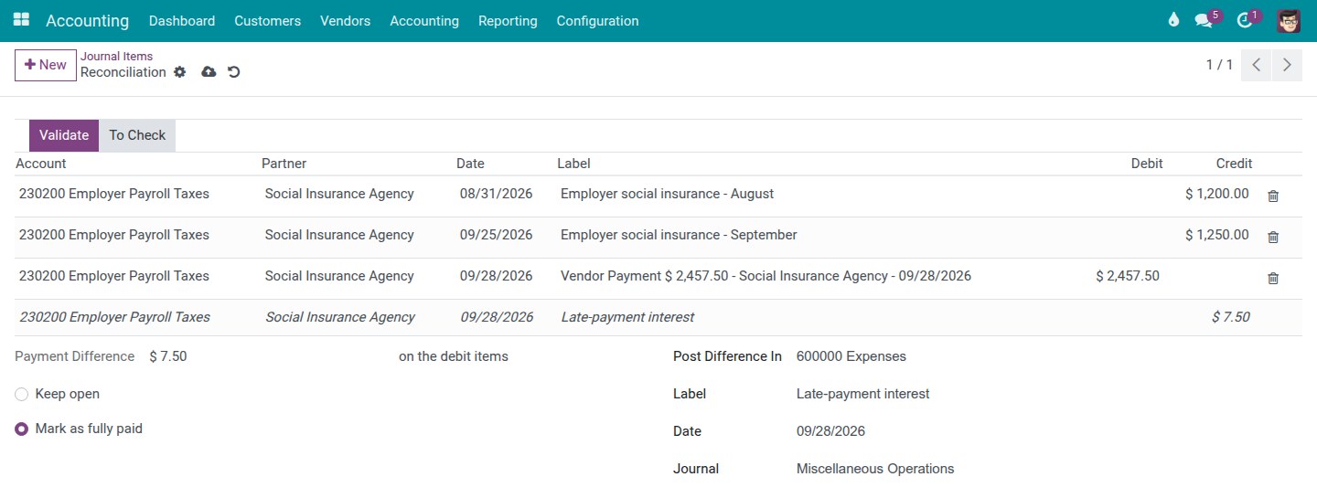 The difference posted to an expense account with the label Late-payment interest