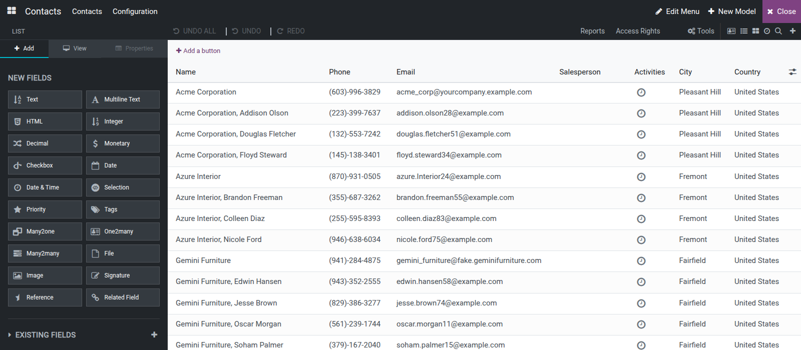 The Customizer open on the Contacts list, showing the dark toolbar, the live canvas and the left panel