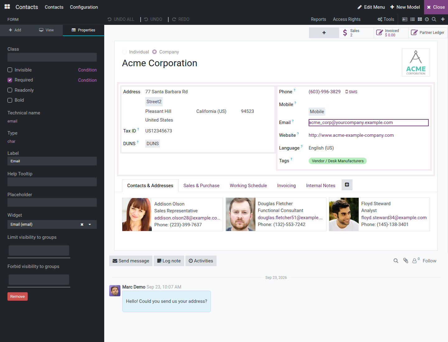 A selected field on the form canvas with its Properties tab open, showing Class, Invisible, Label, Help Tooltip, Placeholder, Widget and the group-visibility controls