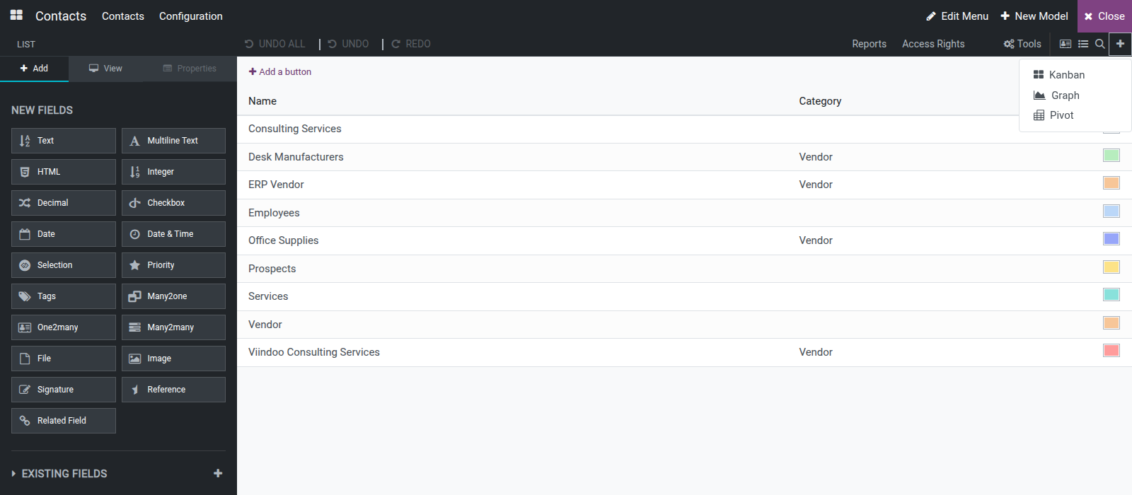 The Add view dropdown listing addable view types such as Kanban, Graph and Pivot