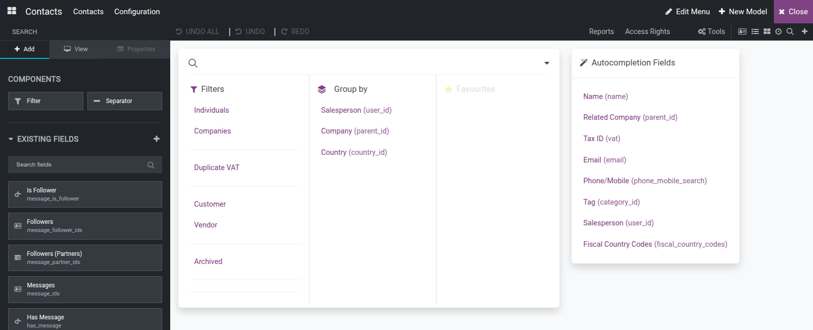 The search view's filter and group-by drop zones next to the Add tab's Components section