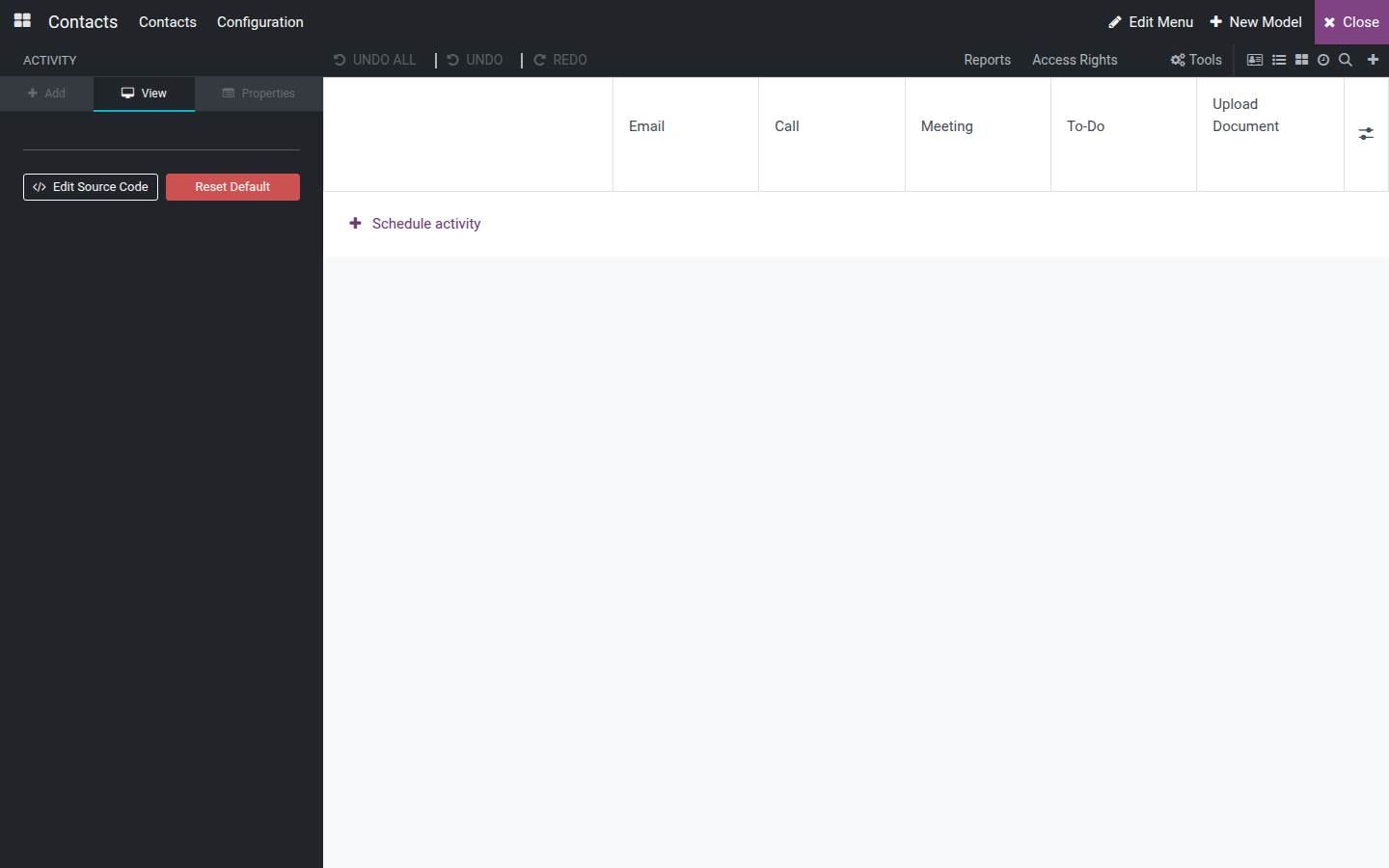The Activity view's View tab showing only Edit Source Code and Reset Default, next to the activity grid