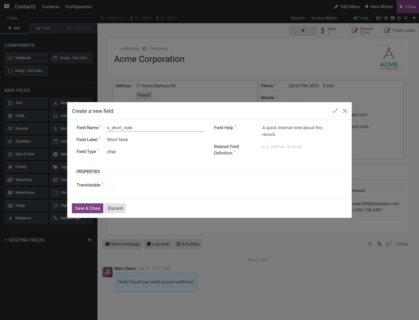 The Create a new field dialog with Field Name, Field Label, Field Type and Field Help filled in