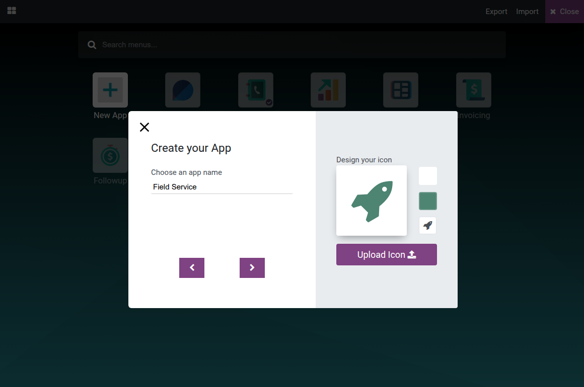 The app creator's Create your App page with the app name and icon design side by side