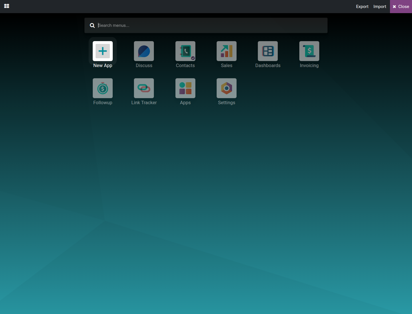 The Customizer's landing toolbar with the Export, Import and Close actions in the top-right corner, and the Apps grid below