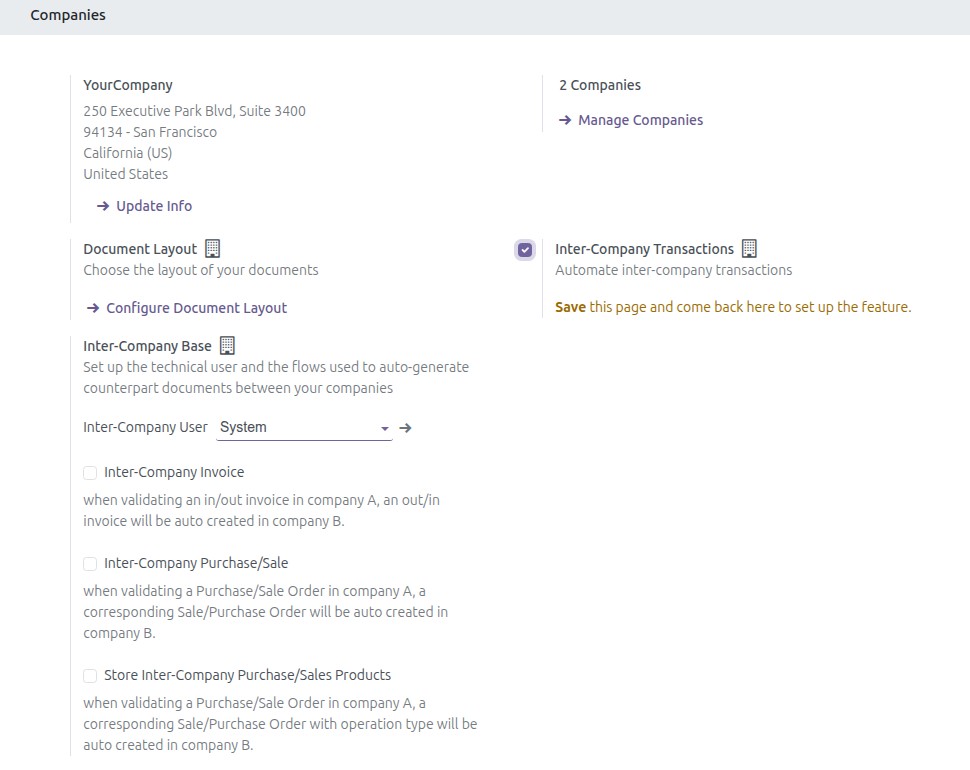Enable the Inter-Company Transactions option in the Viindoo software