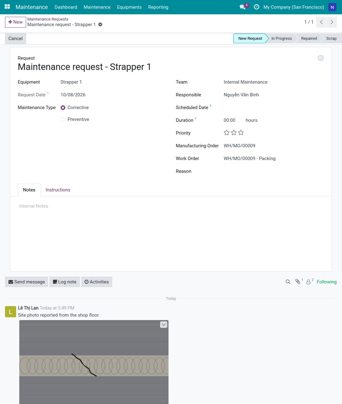 Maintenance request created from the tablet for the machine Strapper 1