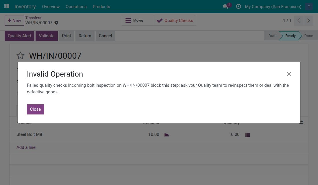 Message saying that failed quality checks block the receipt
