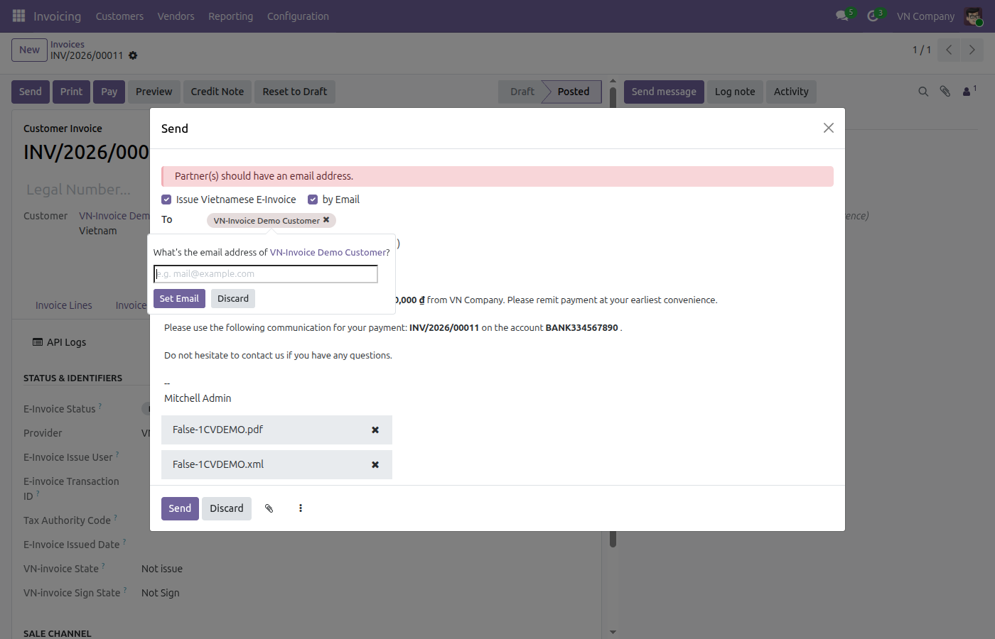 Send window with Issue Vietnamese E-Invoice checked and the PDF and XML attached