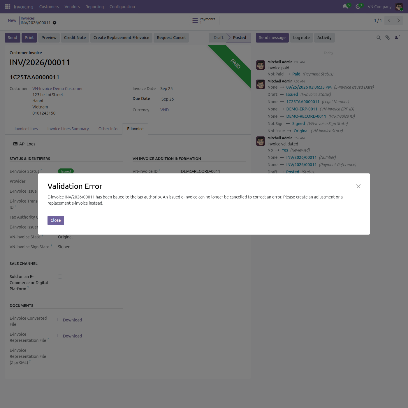 Validation error blocking cancellation of an issued e-invoice