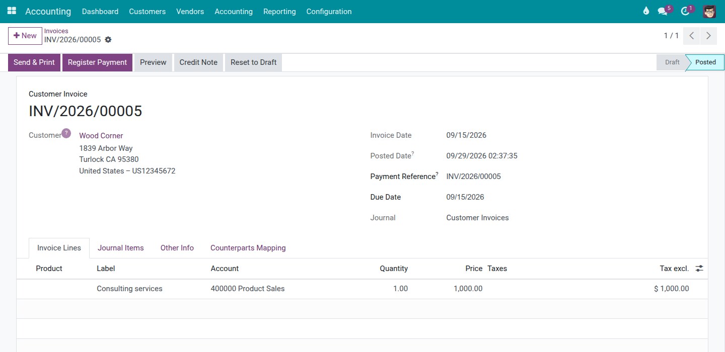A posted customer invoice waiting for payment
