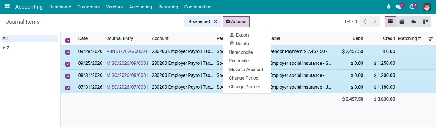 Selecting accrued liability items and their payment, then choosing Actions and Reconcile