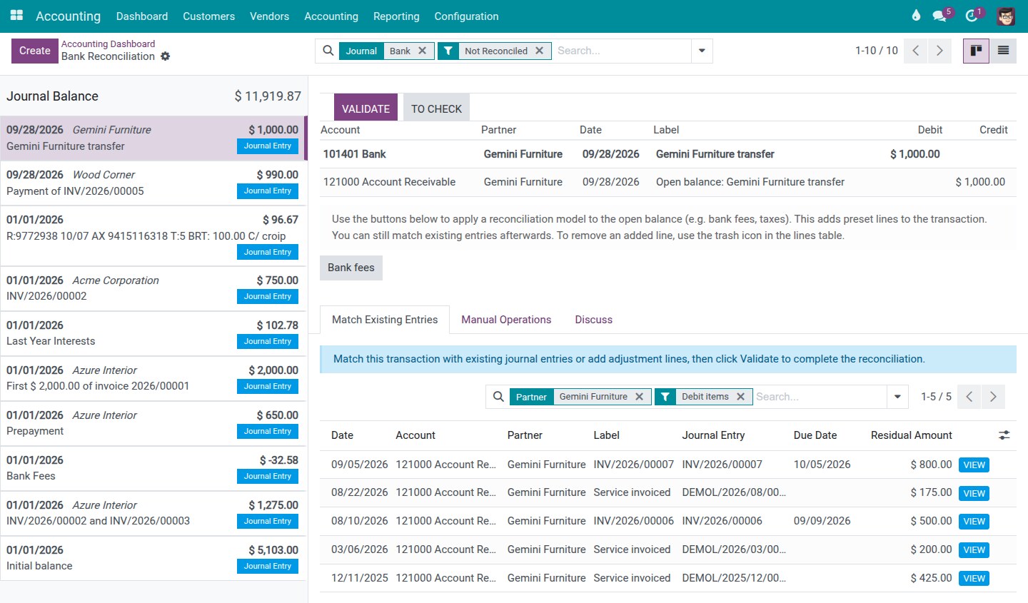 The Match Existing Entries tab and the Open balance line on the customer's receivable account