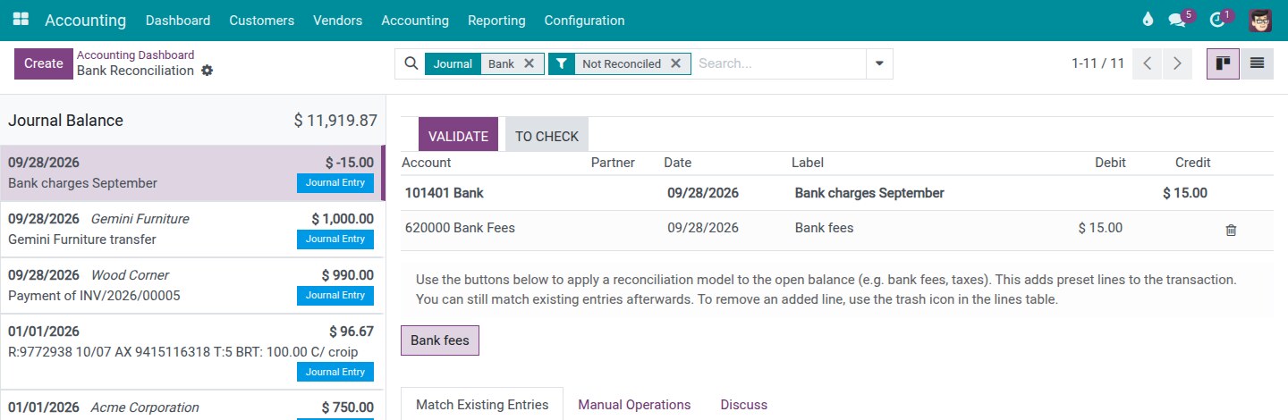 The Bank fees button applied, adding a line on the bank fees expense account